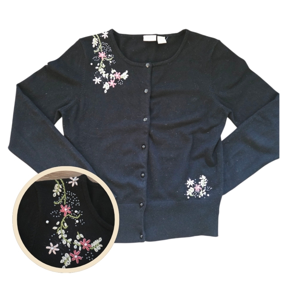 Vintage Y2K Black Floral Button Up Cardigan Sweater Large Grandmacore Whimsigoth